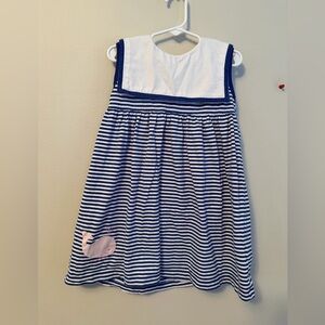 Little English Striped Blue Dress with Pink Whale